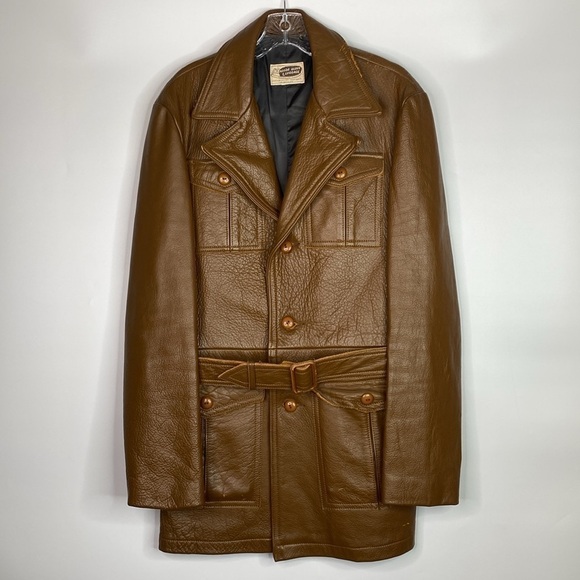 Vintage Lacrosse Glove & Leather Heavy Brown Belted Jacket Men's Small 70s - Picture 1 of 15